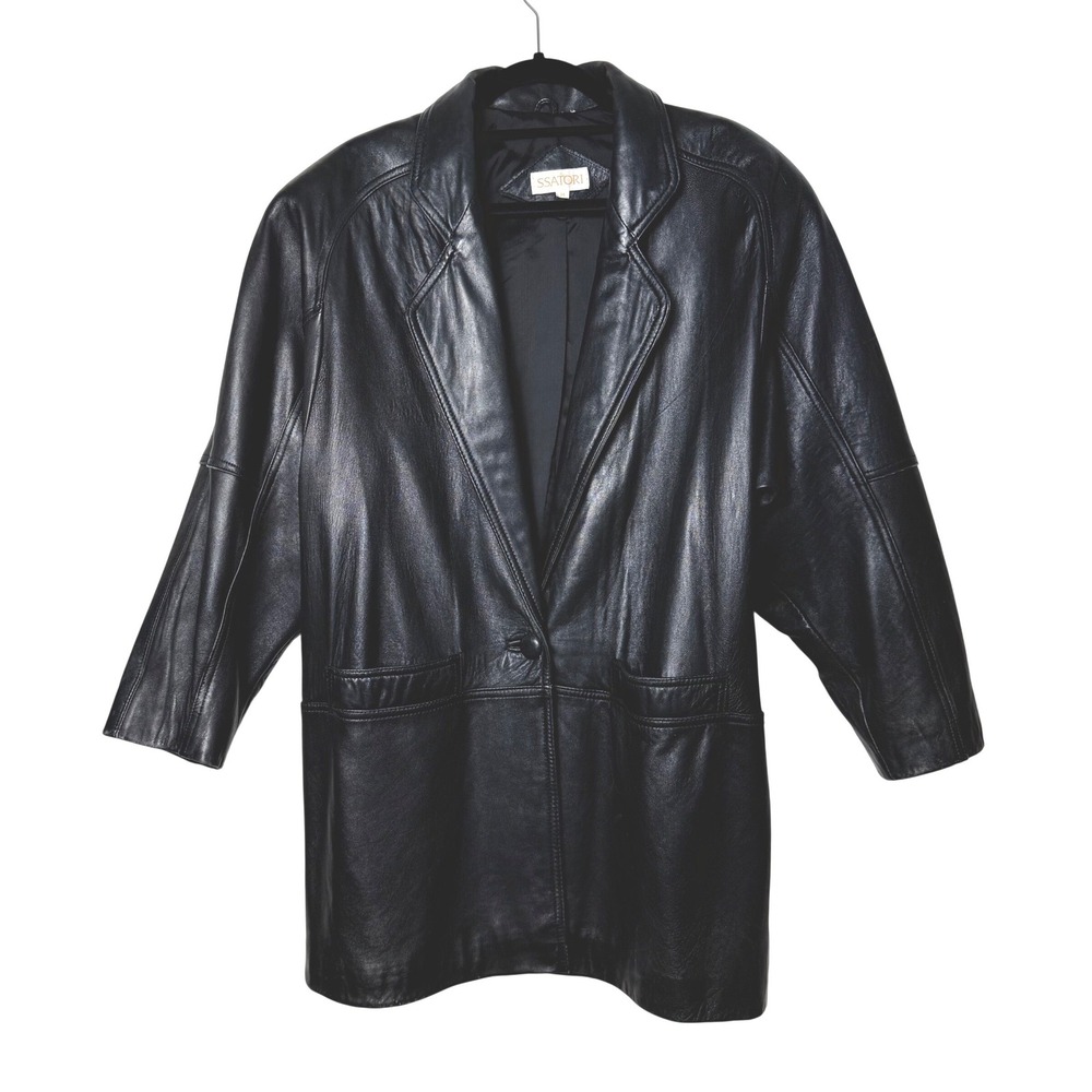 Ssatori Black Leather Blazer Coat Jacket Size M Vintage Oversized 90s